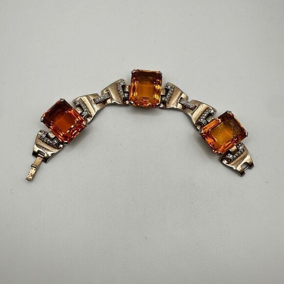 RARE Crown Trifari Sterling Bracelet, A. Philippe "Tank" Faux Citrine Bracelet! - Picture 1 of 16